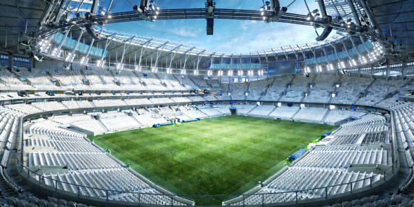 现代化足球体育场内部全景 - 绿色草坪与多层看台